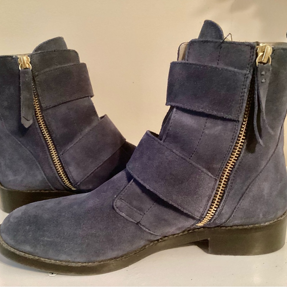 Boden Navy Suede Ankle Boots with Gold Buckles - Picture 3 of 9